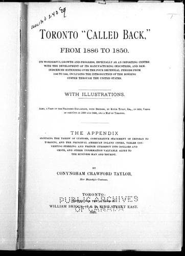 Toronto "called back," from 1886 to 1850